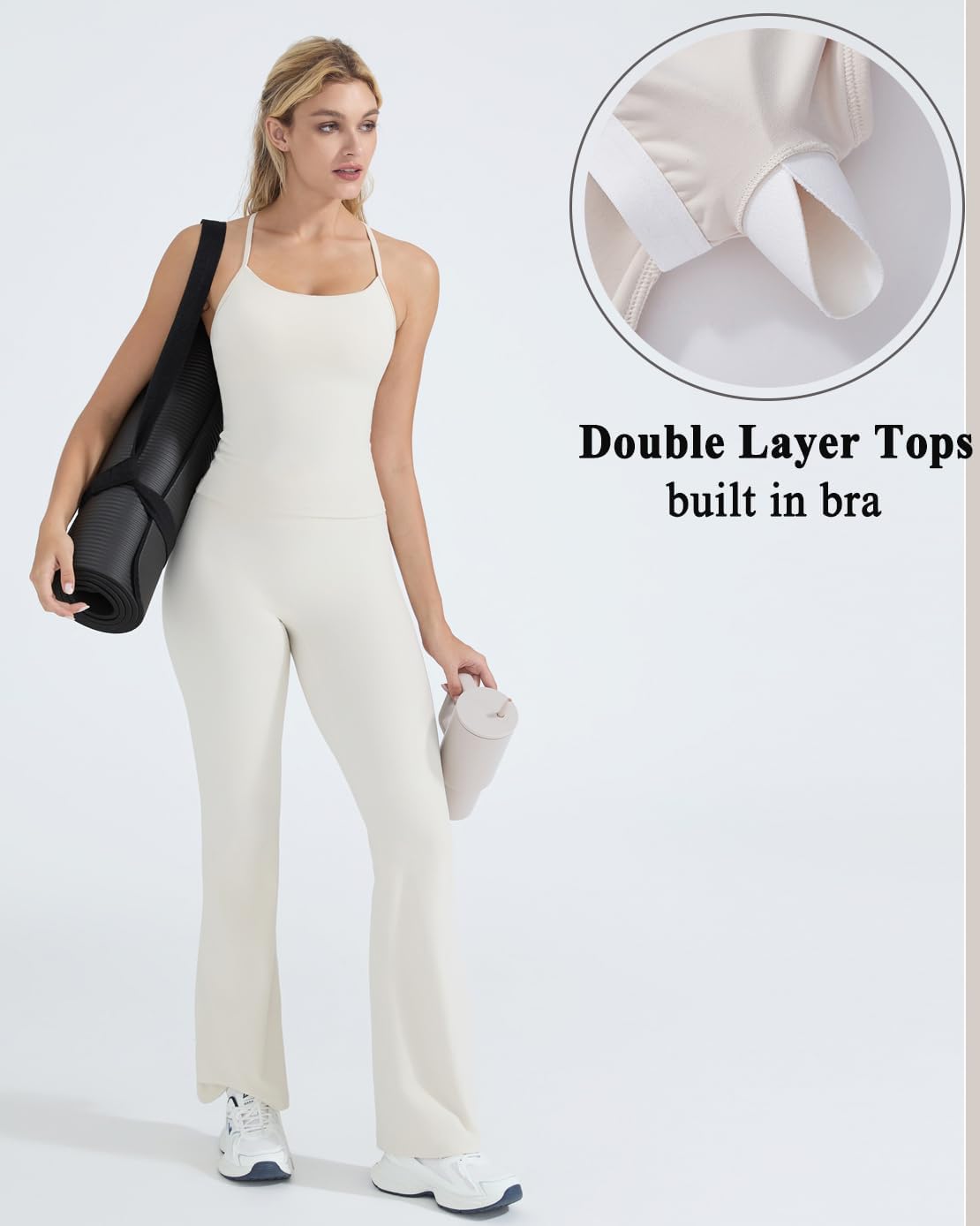 Women's 2 Piece Workout Sets Padded Tank Tops Flare Pilates Outfits | High Waisted Flare Leggings Workout Sets, Cute Strappy Open Back Workout Tops with Built in Bra, Booty Leggings Gym Outfits