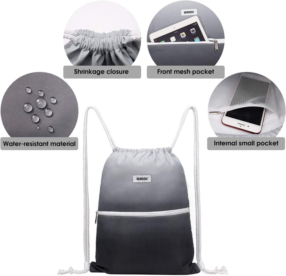 Drawstring Backpack, Gym Sackpack for Sports (Black)
