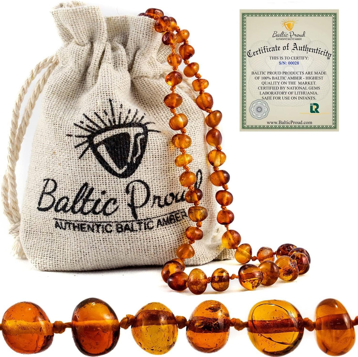 Baltic Amber Necklace (Unisex Cognac 12.5”) Certified Premium Amber