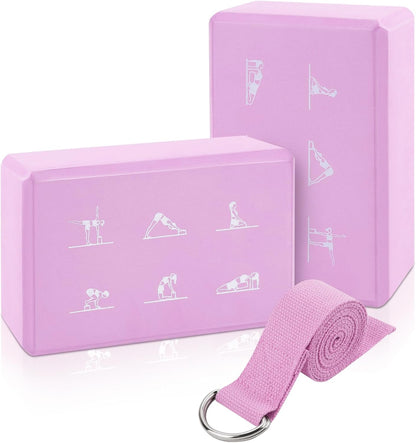 2 Yoga Block and 2 Yoga Strap Set,Non-slip EVA Foam Blocks, High Density Yoga Bricks with 6ft Strap, Supportive Latex-Free Yoga Block Accessories for Pilates