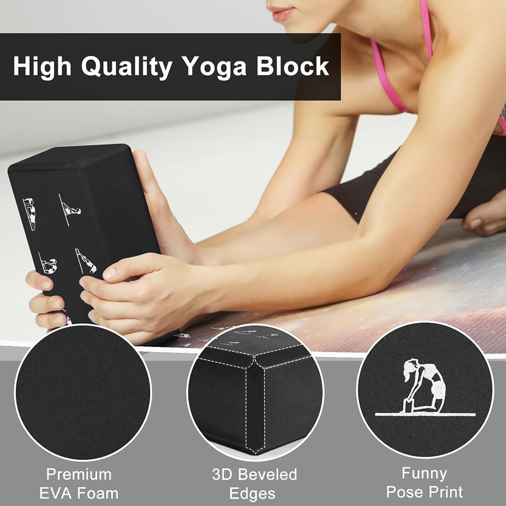2 Yoga Block and 2 Yoga Strap Set,Non-slip EVA Foam Blocks, High Density Yoga Bricks with 6ft Strap, Supportive Latex-Free Yoga Block Accessories for Pilates