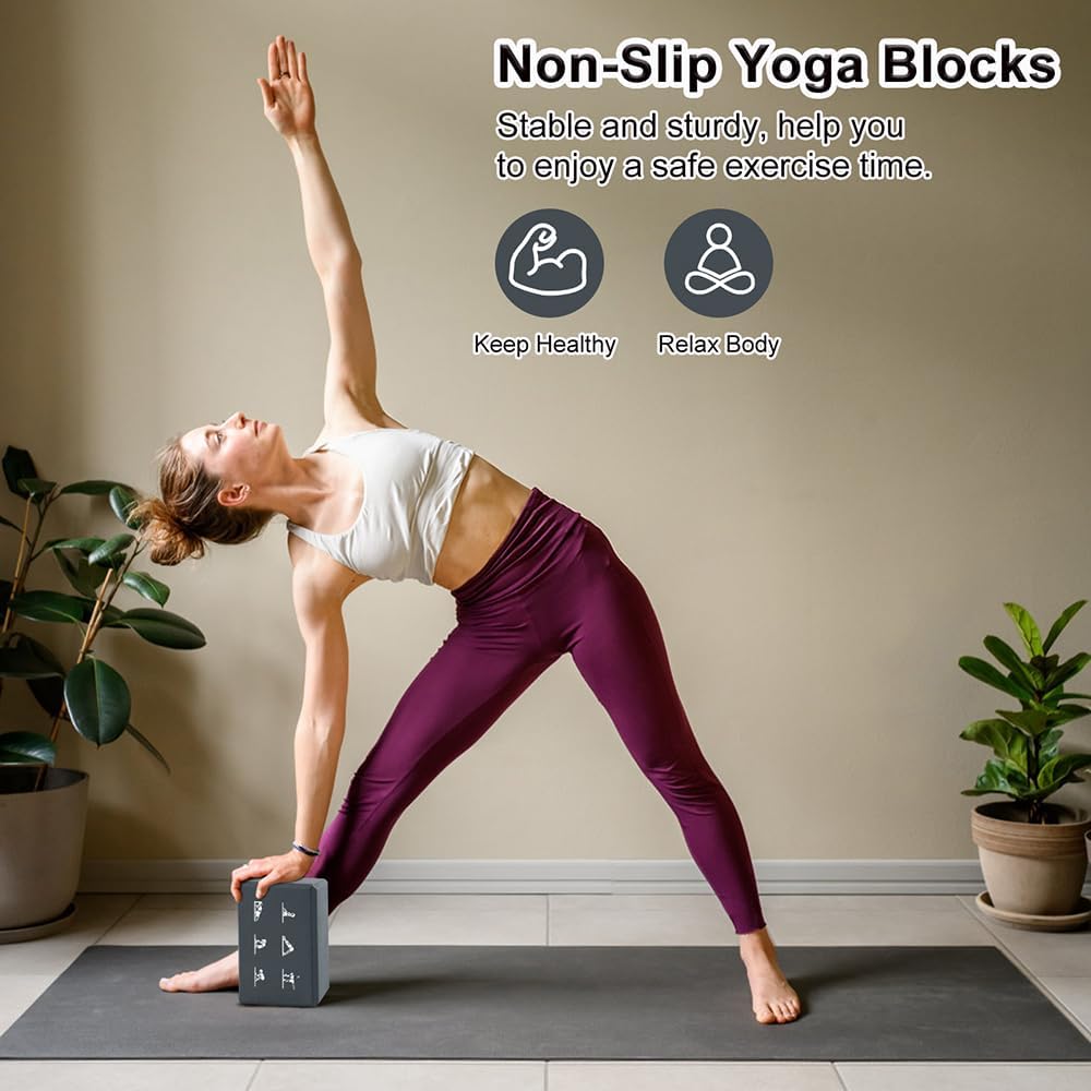2 Yoga Block and 2 Yoga Strap Set,Non-slip EVA Foam Blocks, High Density Yoga Bricks with 6ft Strap, Supportive Latex-Free Yoga Block Accessories for Pilates
