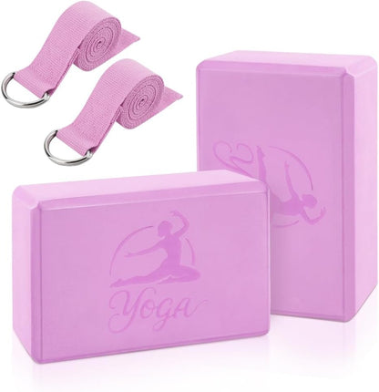 2 Yoga Block and 2 Yoga Strap Set,Non-slip EVA Foam Blocks, High Density Yoga Bricks with 6ft Strap, Supportive Latex-Free Yoga Block Accessories for Pilates