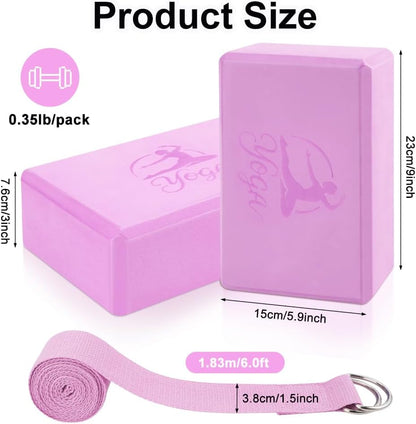 2 Yoga Block and 2 Yoga Strap Set,Non-slip EVA Foam Blocks, High Density Yoga Bricks with 6ft Strap, Supportive Latex-Free Yoga Block Accessories for Pilates