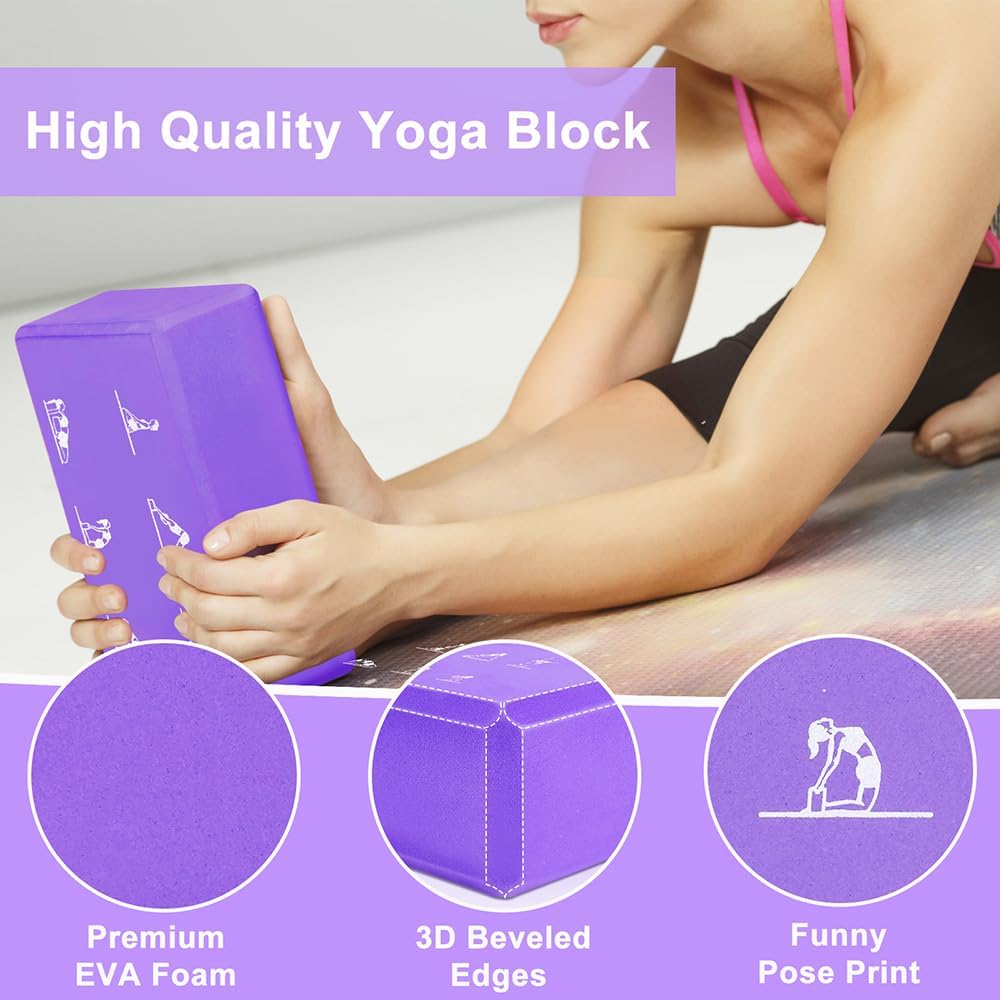 2 Yoga Block and 2 Yoga Strap Set,Non-slip EVA Foam Blocks, High Density Yoga Bricks with 6ft Strap, Supportive Latex-Free Yoga Block Accessories for Pilates