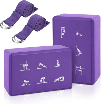 2 Yoga Block and 2 Yoga Strap Set,Non-slip EVA Foam Blocks, High Density Yoga Bricks with 6ft Strap, Supportive Latex-Free Yoga Block Accessories for Pilates