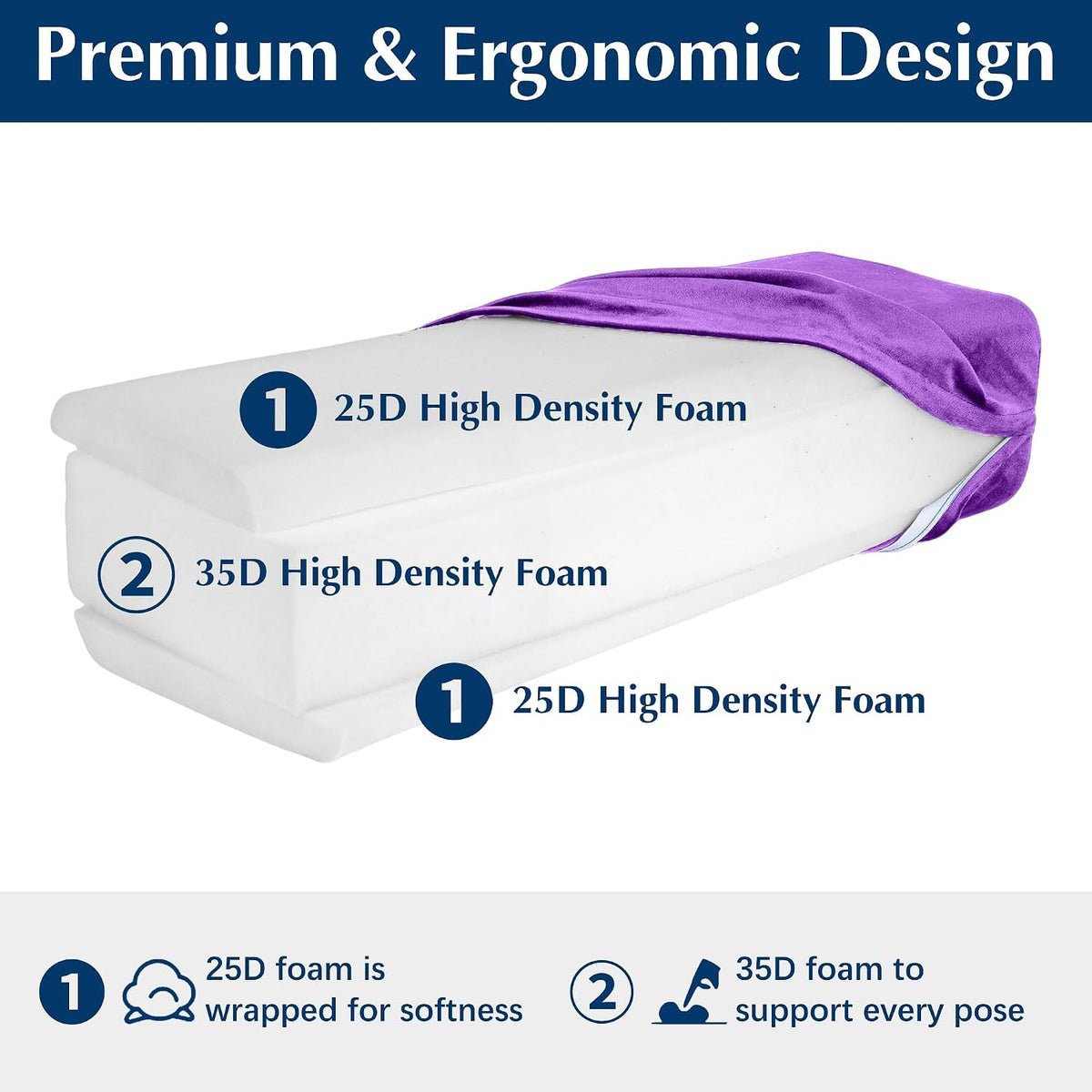 2-Pack Yoga Bolster Pillow Set: Rectangular & Cylinder Pillows for Meditation and Support, Yoga Pillows with Washable Velvet Cover, Triple-Layer Sponge with Carry Handle, Purple