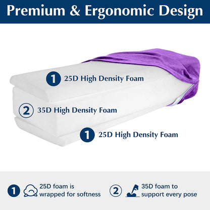 2-Pack Yoga Bolster Pillow Set: Rectangular & Cylinder Pillows for Meditation and Support, Yoga Pillows with Washable Velvet Cover, Triple-Layer Sponge with Carry Handle, Purple