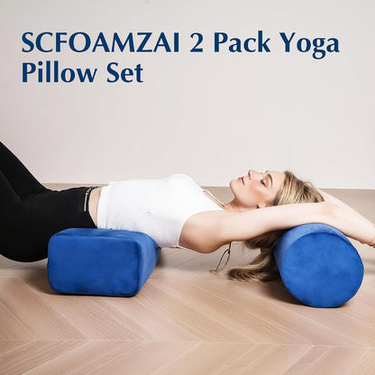 2-Pack Yoga Bolster Pillow Set: Rectangular & Cylinder Pillows for Meditation and Support, Yoga Pillows with Washable Velvet Cover, Triple-Layer Sponge with Carry Handle, Purple
