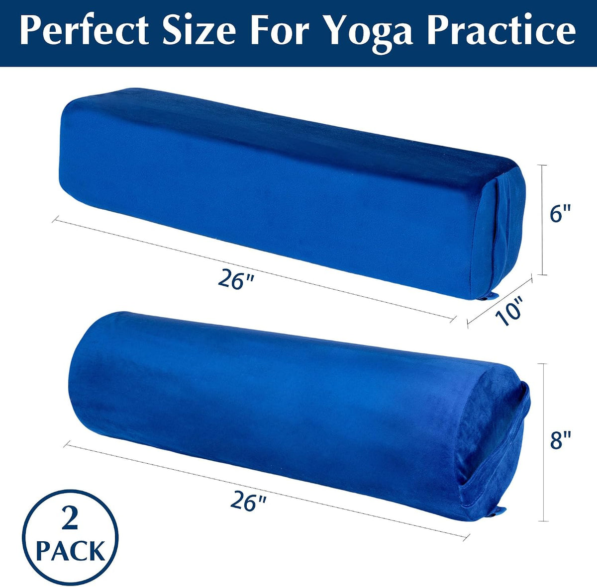 2-Pack Yoga Bolster Pillow Set: Rectangular & Cylinder Pillows for Meditation and Support, Yoga Pillows with Washable Velvet Cover, Triple-Layer Sponge with Carry Handle, Purple