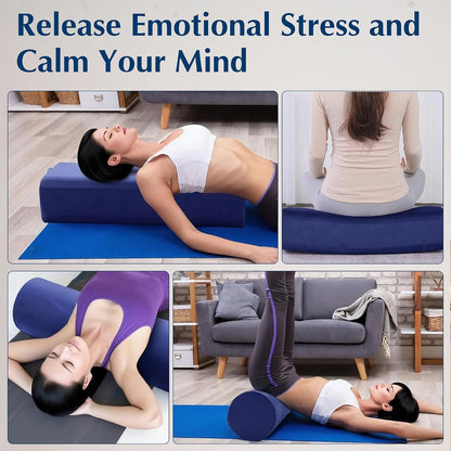 2-Pack Yoga Bolster Pillow Set: Rectangular & Cylinder Pillows for Meditation and Support, Yoga Pillows with Washable Velvet Cover, Triple-Layer Sponge with Carry Handle, Purple