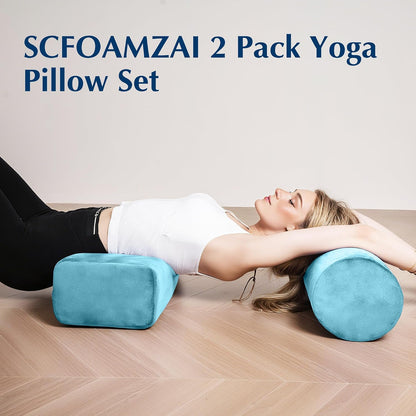 2-Pack Yoga Bolster Pillow Set: Rectangular & Cylinder Pillows for Meditation and Support, Yoga Pillows with Washable Velvet Cover, Triple-Layer Sponge with Carry Handle, Purple