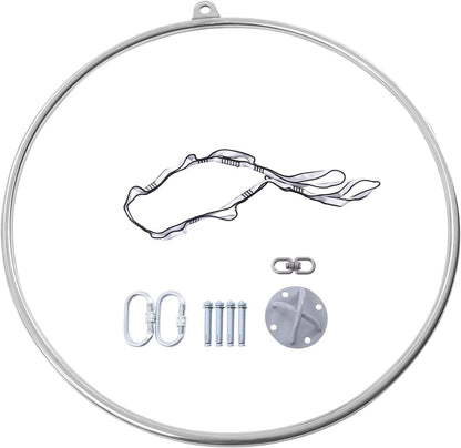 Complete Aerial Hoop Kit Professional Aerial Lyra Hoop Set Pilates Ring Single Point Yoga Ring Dancing Circus Aerial Yoga Equipment for Dancing Yoga Training,Silver