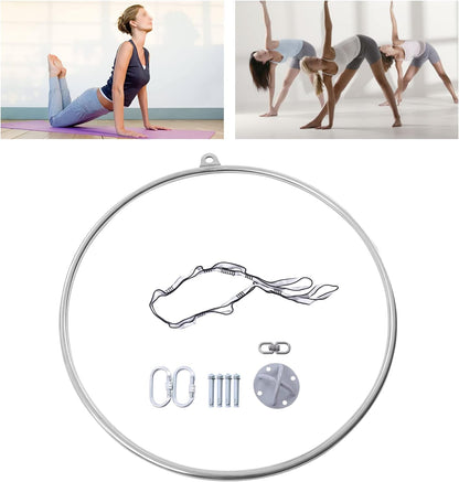 Complete Aerial Hoop Kit Professional Aerial Lyra Hoop Set Pilates Ring Single Point Yoga Ring Dancing Circus Aerial Yoga Equipment for Dancing Yoga Training,Silver