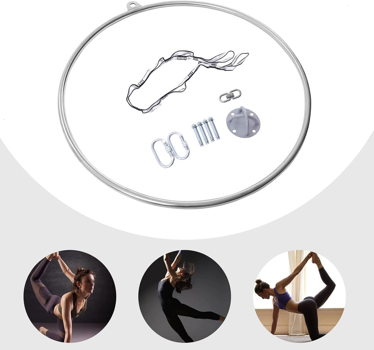 Complete Aerial Hoop Kit Professional Aerial Lyra Hoop Set Pilates Ring Single Point Yoga Ring Dancing Circus Aerial Yoga Equipment for Dancing Yoga Training,Silver