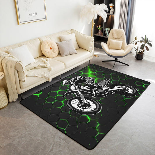 Dirt Bike Area Rug 3x5 Kids Extreme Sports Green Honeycomb Living Room Rugs for Bedroom Boys Girls Teens Racing Motocross Rider Decorative Carpet Rug Non-Slip Motorcycle Indoor Floor Mat