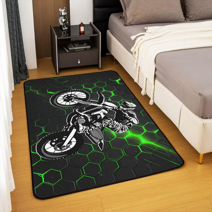 Dirt Bike Area Rug 3x5 Kids Extreme Sports Green Honeycomb Living Room Rugs for Bedroom Boys Girls Teens Racing Motocross Rider Decorative Carpet Rug Non-Slip Motorcycle Indoor Floor Mat
