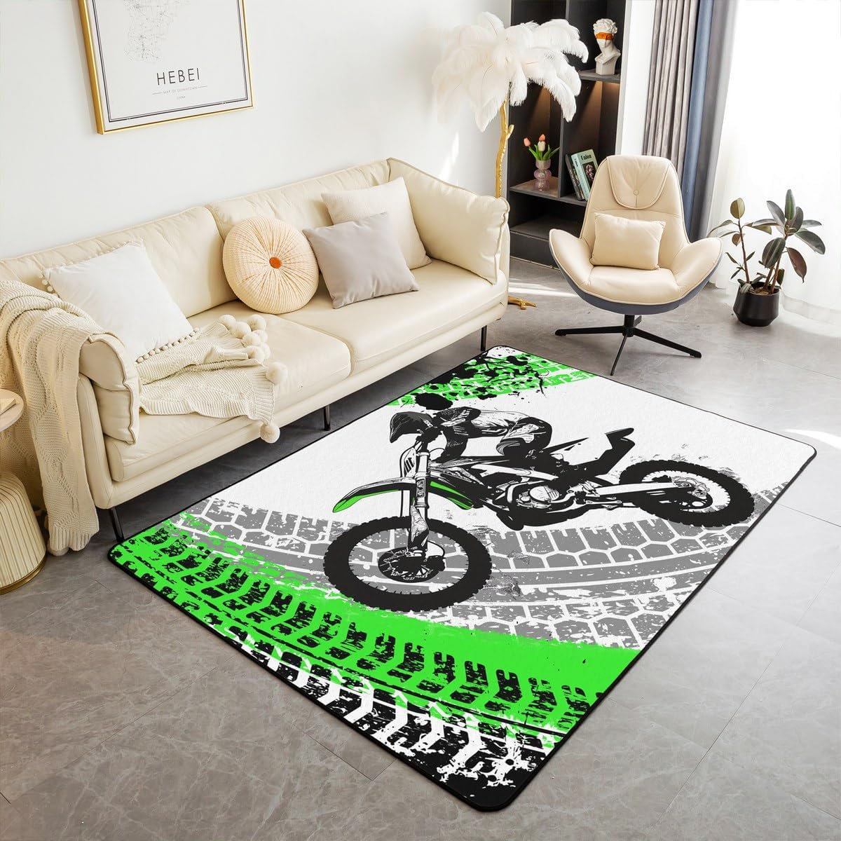 Dirt Bike Area Rug 3x5 Kids Extreme Sports Green Honeycomb Living Room Rugs for Bedroom Boys Girls Teens Racing Motocross Rider Decorative Carpet Rug Non-Slip Motorcycle Indoor Floor Mat