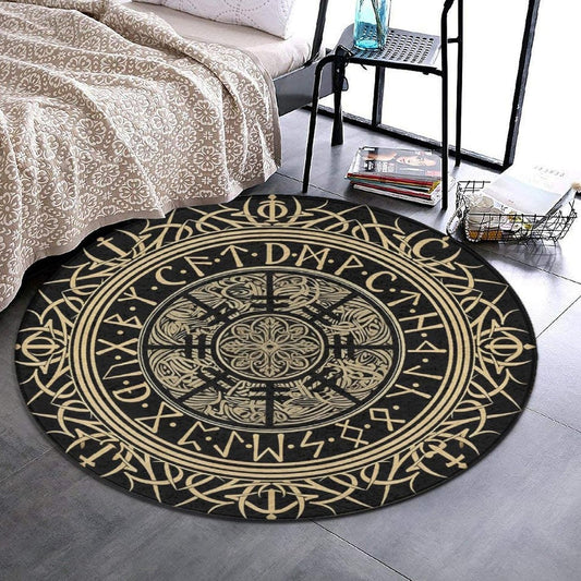 Soft Round Yoga Carpet, Large Home Decor Mat, Non-Slip Machine Washable Kitchen Office Circle Rug Compatible with Cool Norse Viking Vegvisir Runic Compass