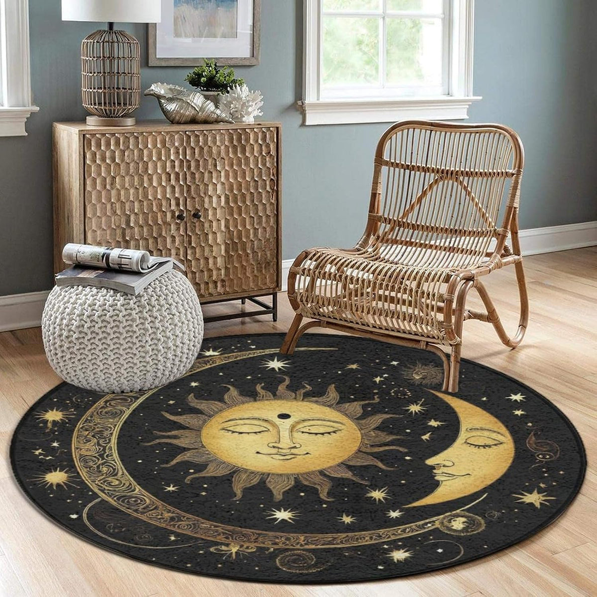 Soft Round Yoga Carpet, Large Home Decor Mat, Non-Slip Machine Washable Kitchen Office Circle Rug Compatible with Cool Norse Viking Vegvisir Runic Compass