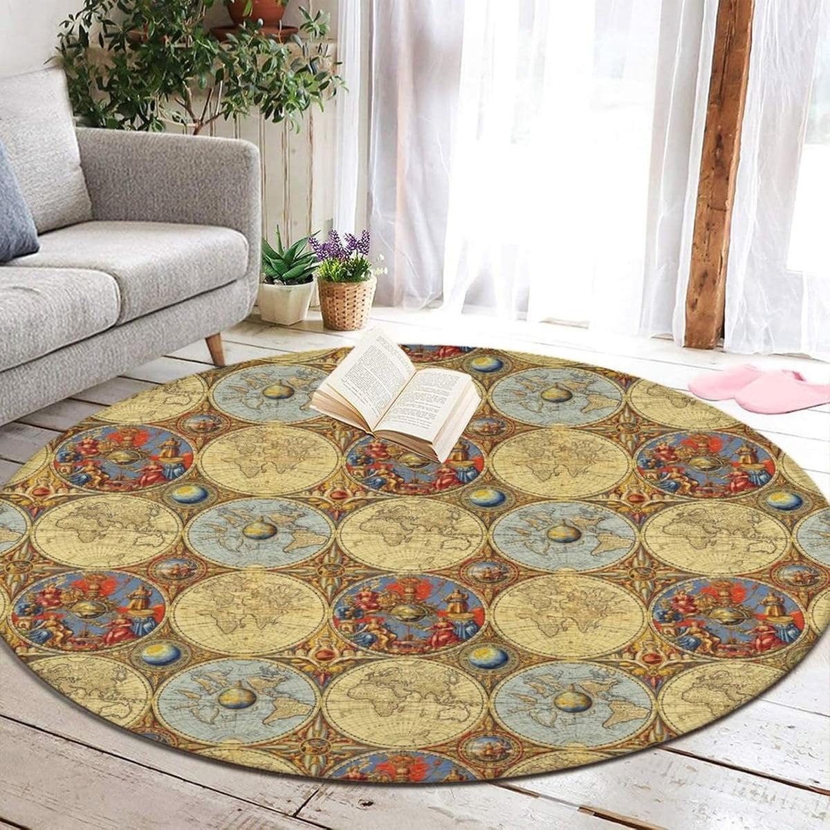 Soft Round Yoga Carpet, Large Home Decor Mat, Non-Slip Machine Washable Kitchen Office Circle Rug Compatible with Cool Norse Viking Vegvisir Runic Compass