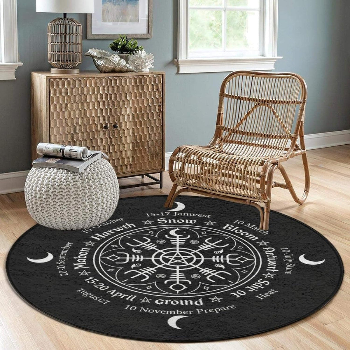 Soft Round Yoga Carpet, Large Home Decor Mat, Non-Slip Machine Washable Kitchen Office Circle Rug Compatible with Cool Norse Viking Vegvisir Runic Compass
