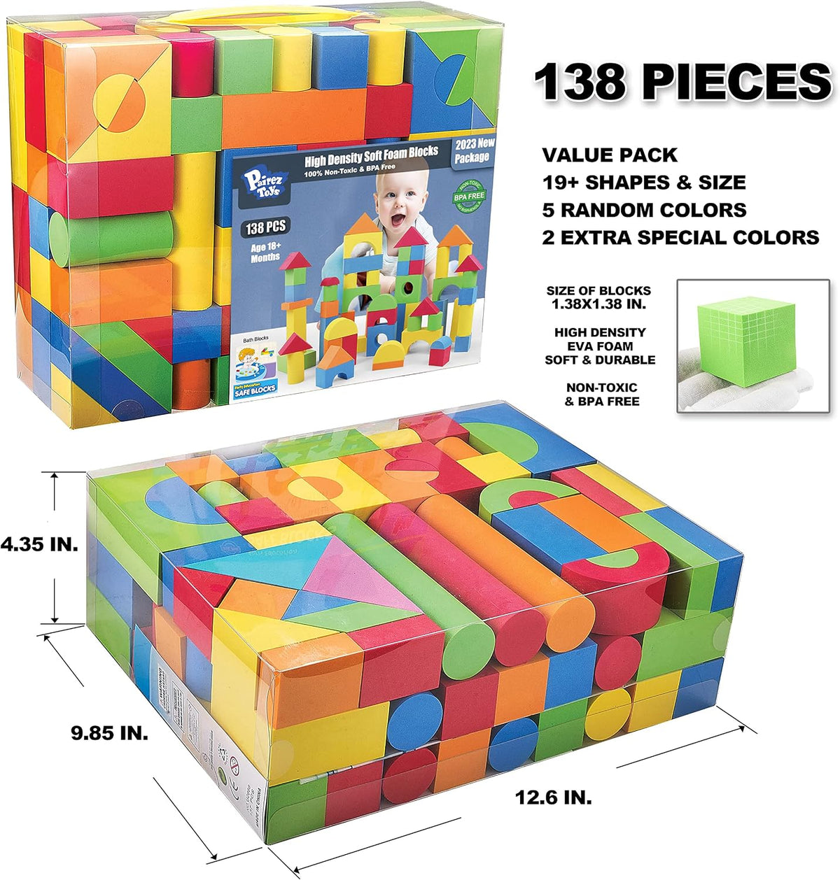 Foam Blocks for Toddlers, 138 Pieces EVA Soft Stacking Building Blocks Toy