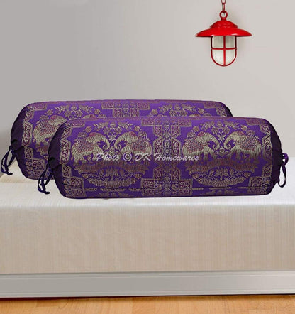 Ethnic Living Room Decorative Bolster Yoga Rectangle Pillow Cover Cylindrical Hotdog Purple Tube Jacquard Brocade Silk Elephant Traditional Throw Pillowcase 76x38 cm - Set of 2 Pcs
