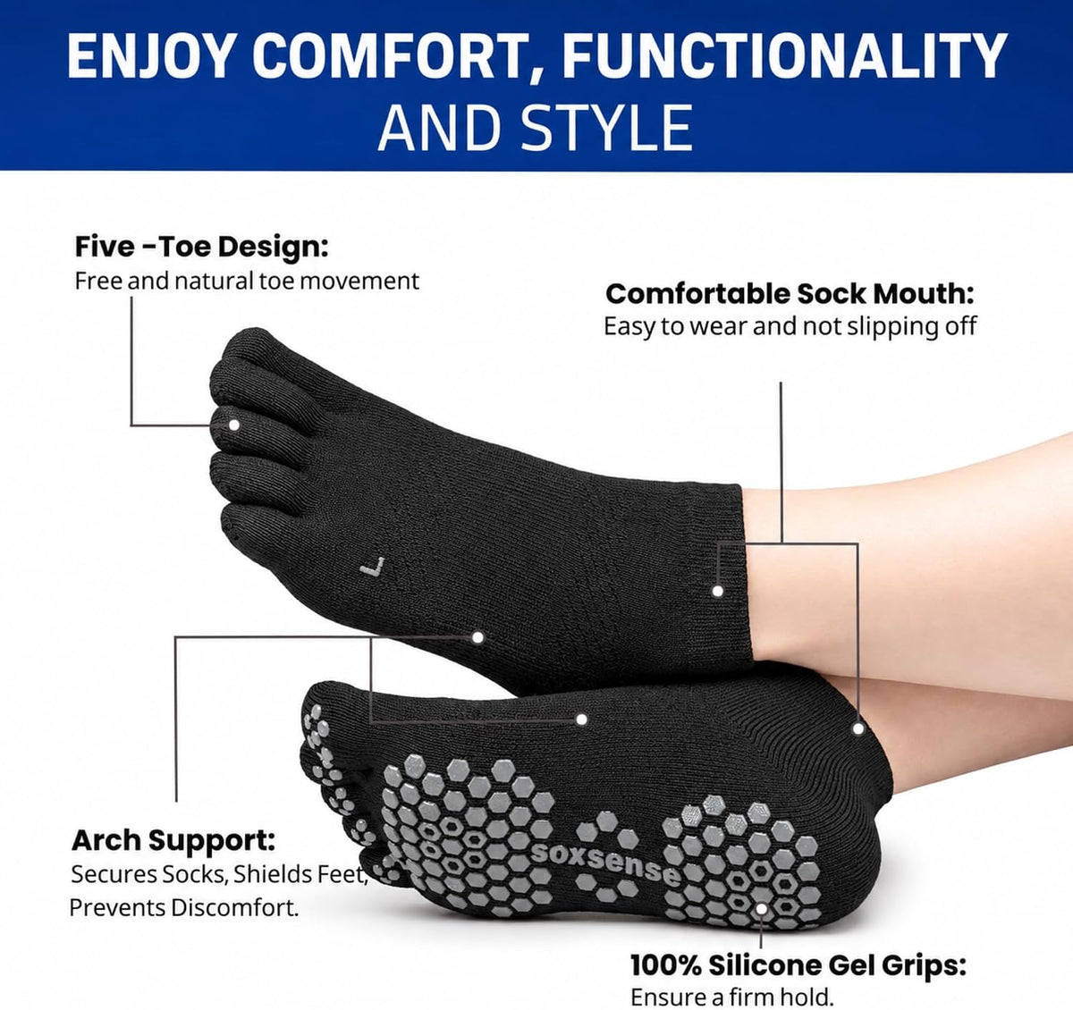 Soccer Grip Toe Socks, Non-Slip Socks for Sports & Pilates