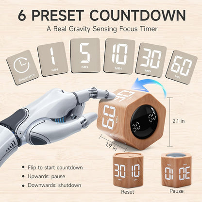 Productivity Cube Timer, 1/5/10/30/60 Min Presets, Wood Grain Finish