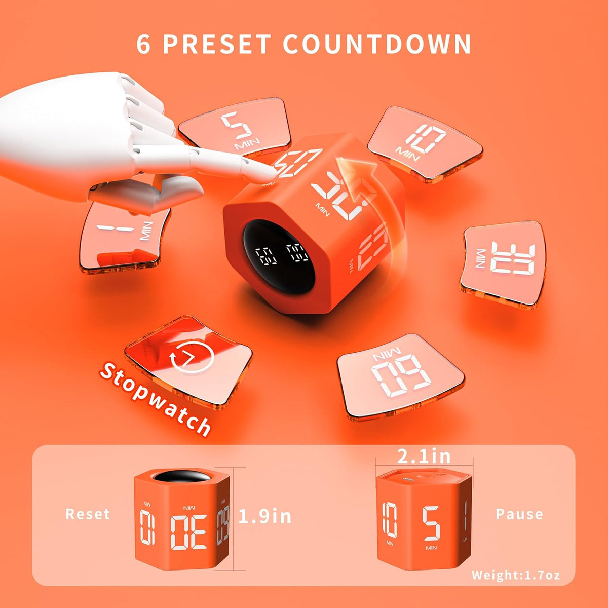 Productivity Cube Timer, 1/5/10/30/60 Min Presets, Wood Grain Finish