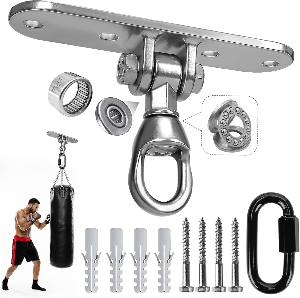 Heavy Bag Hanger,Stainless Wall Ceiling Mount Hook 180°/360° Rotation Wood Beam Holder Body Weight Strength Training Systems, Aerial Yoga Swing & Hammock