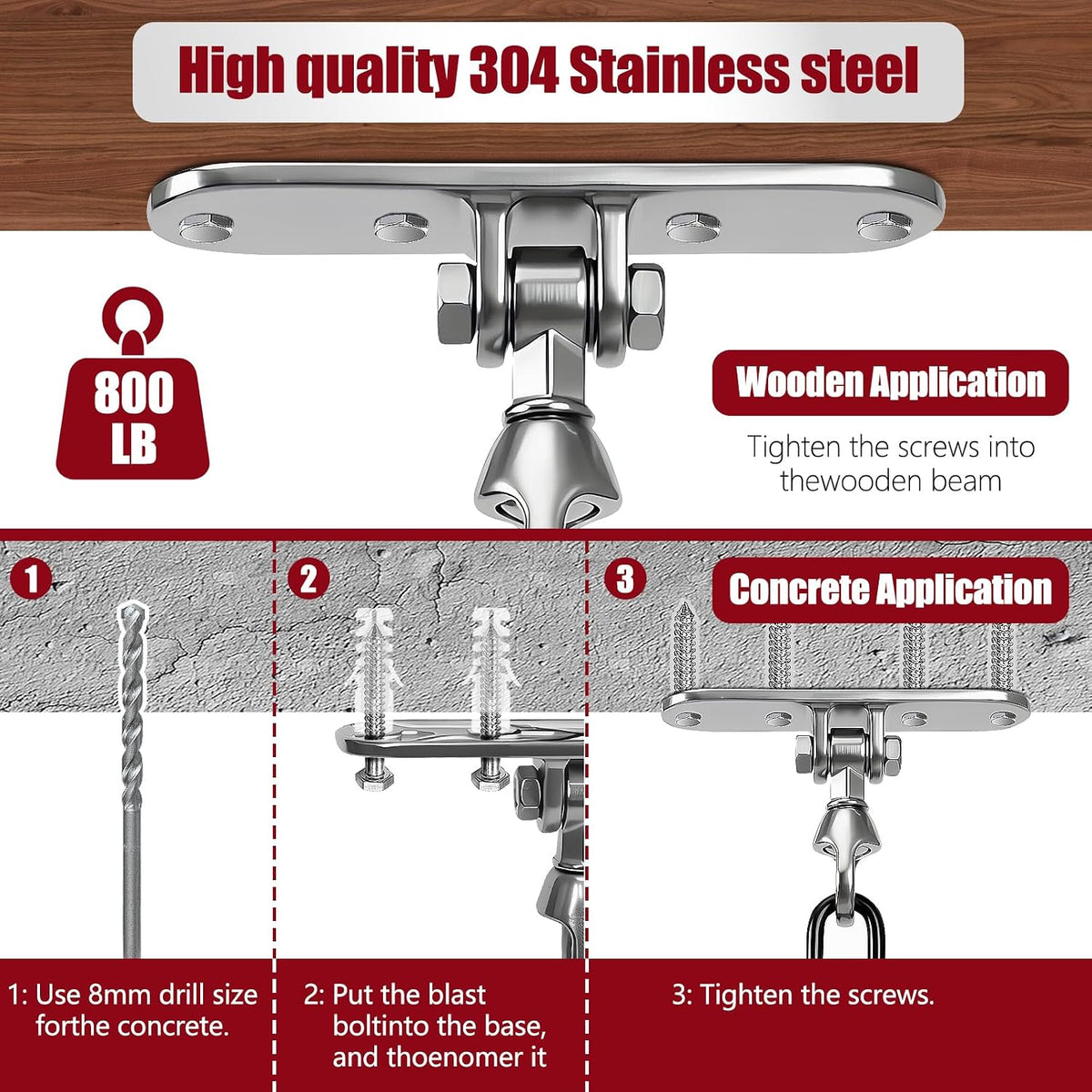 Heavy Bag Hanger,Stainless Wall Ceiling Mount Hook 180°/360° Rotation Wood Beam Holder Body Weight Strength Training Systems, Aerial Yoga Swing & Hammock
