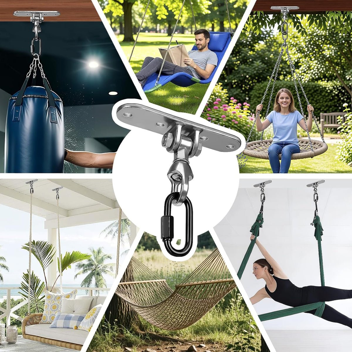 Heavy Bag Hanger,Stainless Wall Ceiling Mount Hook 180°/360° Rotation Wood Beam Holder Body Weight Strength Training Systems, Aerial Yoga Swing & Hammock