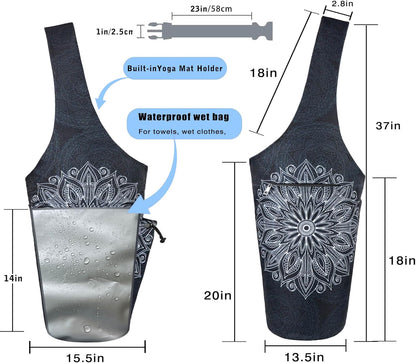Yoga Mat Bag - Large Opening Long Tote Yoga Mat Carrier Holder Bag with Waterproof Wet Zipper Pocket and Drawstring Water Bottle Pocket - Yoga Bag Fit Most Size Mats