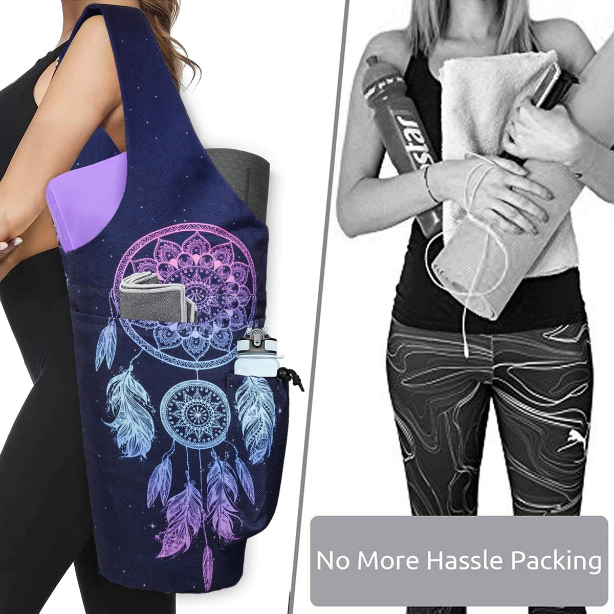 Yoga Mat Bag - Large Opening Long Tote Yoga Mat Carrier Holder Bag with Waterproof Wet Zipper Pocket and Drawstring Water Bottle Pocket - Yoga Bag Fit Most Size Mats