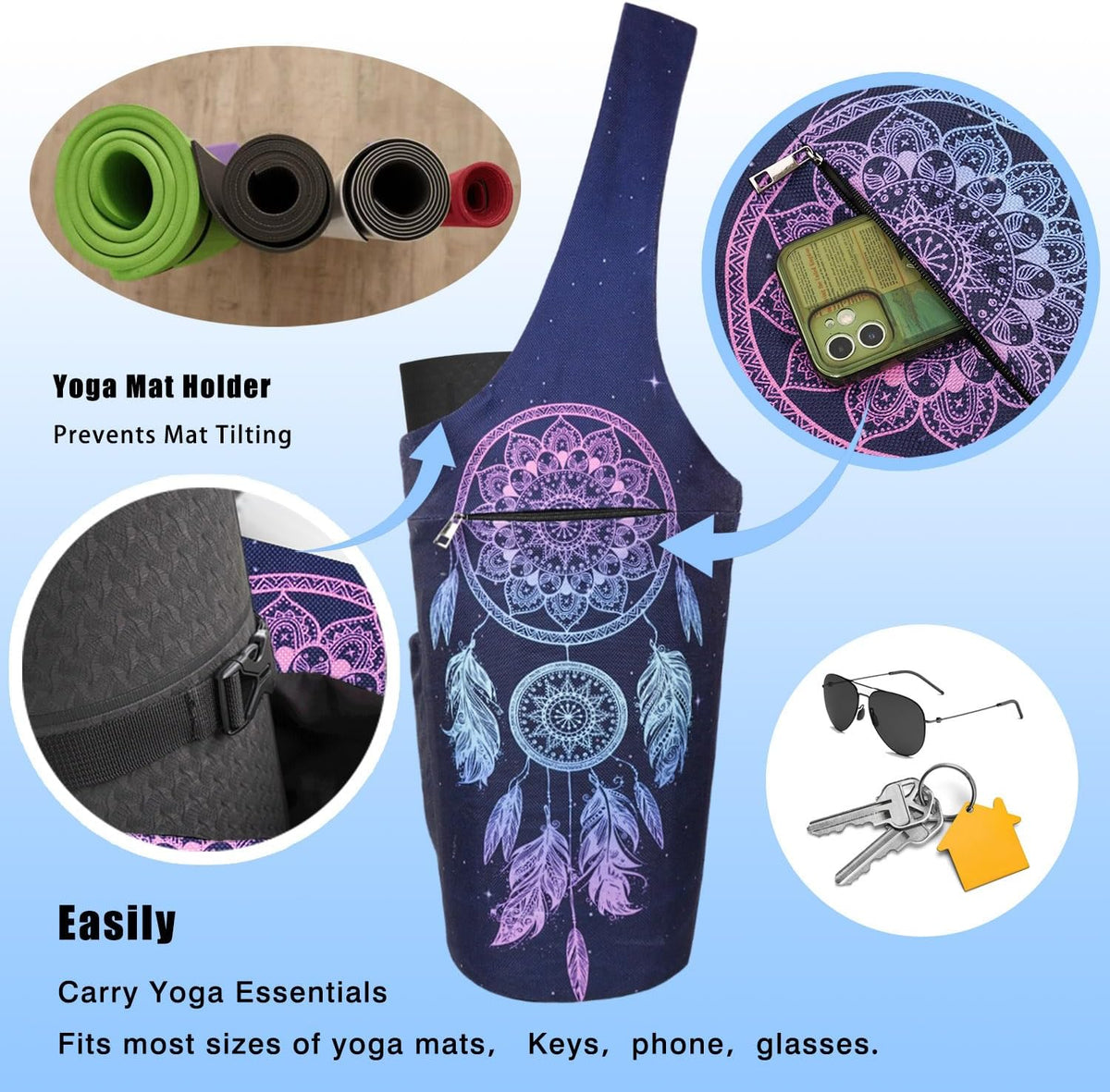 Yoga Mat Bag - Large Opening Long Tote Yoga Mat Carrier Holder Bag with Waterproof Wet Zipper Pocket and Drawstring Water Bottle Pocket - Yoga Bag Fit Most Size Mats