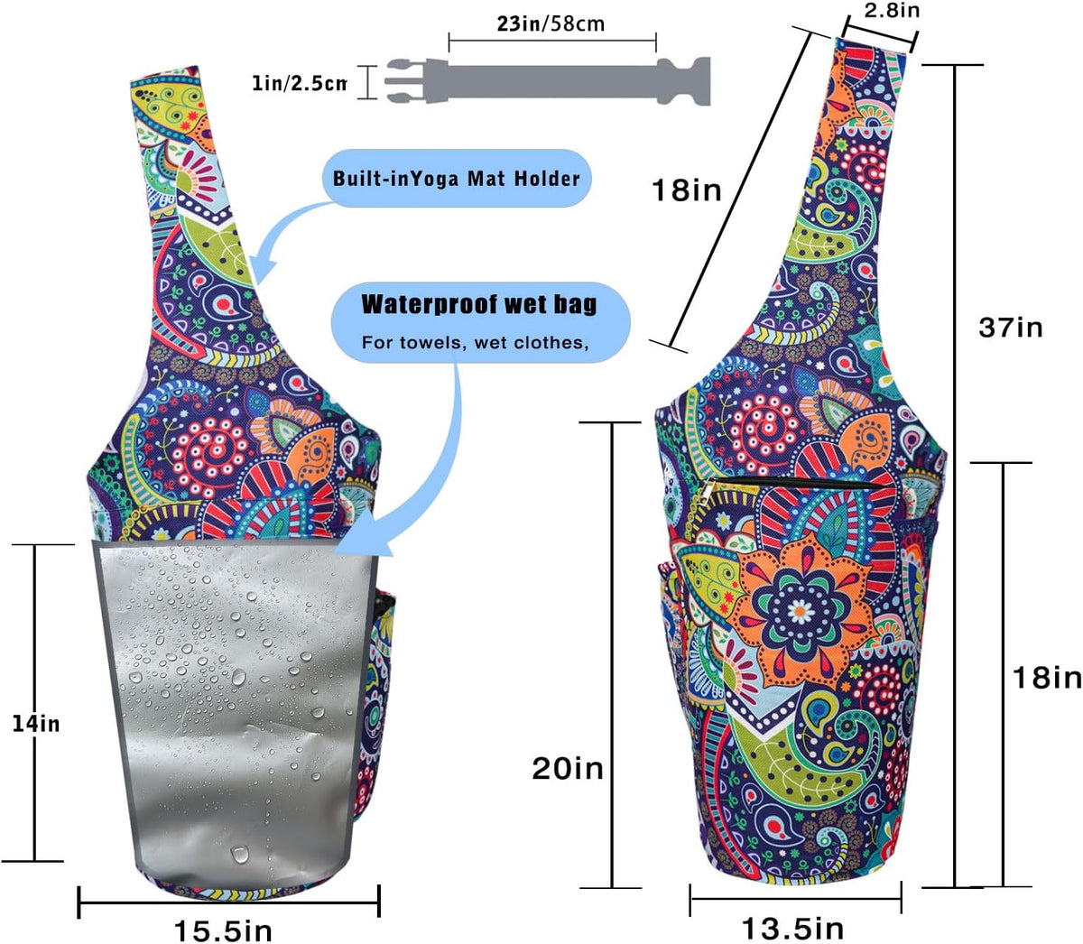 Yoga Mat Bag - Large Opening Long Tote Yoga Mat Carrier Holder Bag with Waterproof Wet Zipper Pocket and Drawstring Water Bottle Pocket - Yoga Bag Fit Most Size Mats