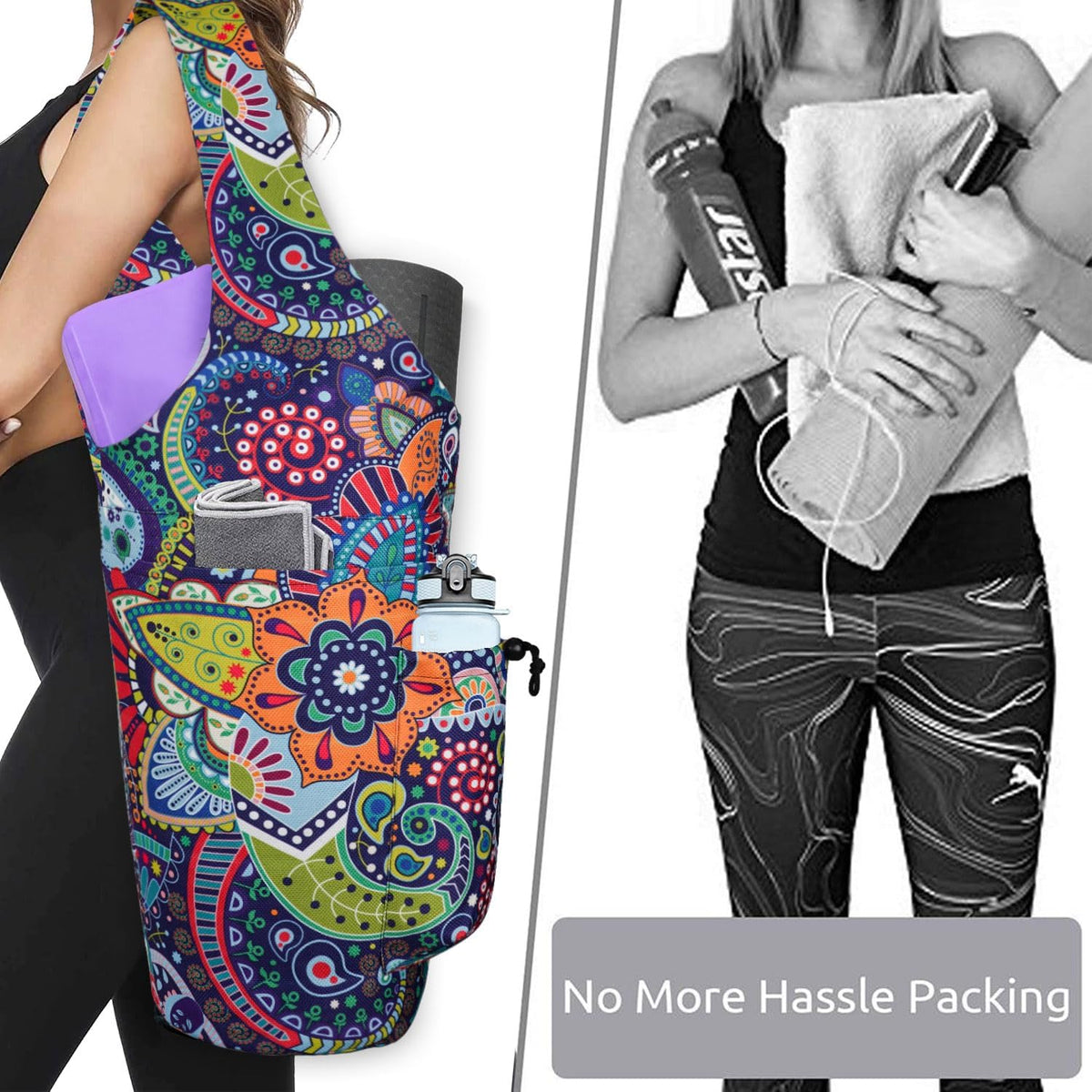 Yoga Mat Bag - Large Opening Long Tote Yoga Mat Carrier Holder Bag with Waterproof Wet Zipper Pocket and Drawstring Water Bottle Pocket - Yoga Bag Fit Most Size Mats