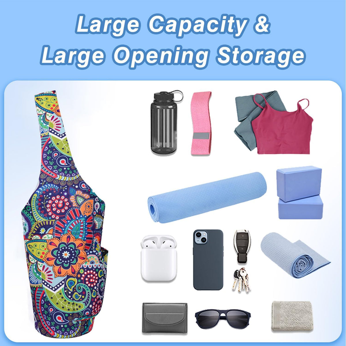 Yoga Mat Bag - Large Opening Long Tote Yoga Mat Carrier Holder Bag with Waterproof Wet Zipper Pocket and Drawstring Water Bottle Pocket - Yoga Bag Fit Most Size Mats
