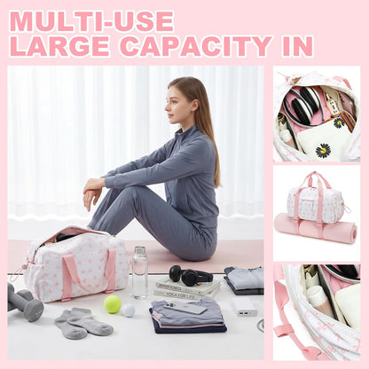 Small Gym Bag for Women, Mini Duffle Bag with Yoga Mat Holder Lightweight Carry On Sports Bag with Separate Shoe Pocket and Wet Pocket Duffel Bags Dance Yoga Workout Bag (Pink)