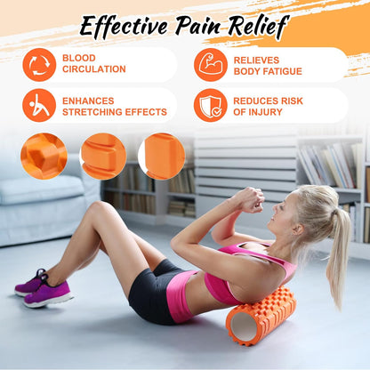 Aucuu 6 in 1 Foam Roller Set Includes Hollow Core Massage Roller, Yoga Stick, Massage Ball, Fitness Stretching Strap, Carrying Bag, Towel, Massage Roller (Orange)