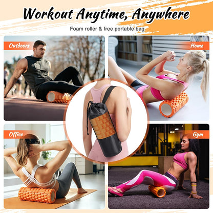Aucuu 6 in 1 Foam Roller Set Includes Hollow Core Massage Roller, Yoga Stick, Massage Ball, Fitness Stretching Strap, Carrying Bag, Towel, Massage Roller (Orange)