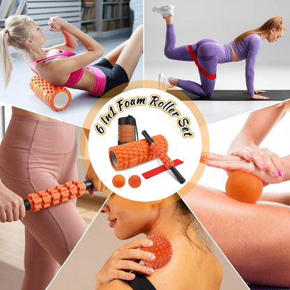 Aucuu 6 in 1 Foam Roller Set Includes Hollow Core Massage Roller, Yoga Stick, Massage Ball, Fitness Stretching Strap, Carrying Bag, Towel, Massage Roller (Orange)