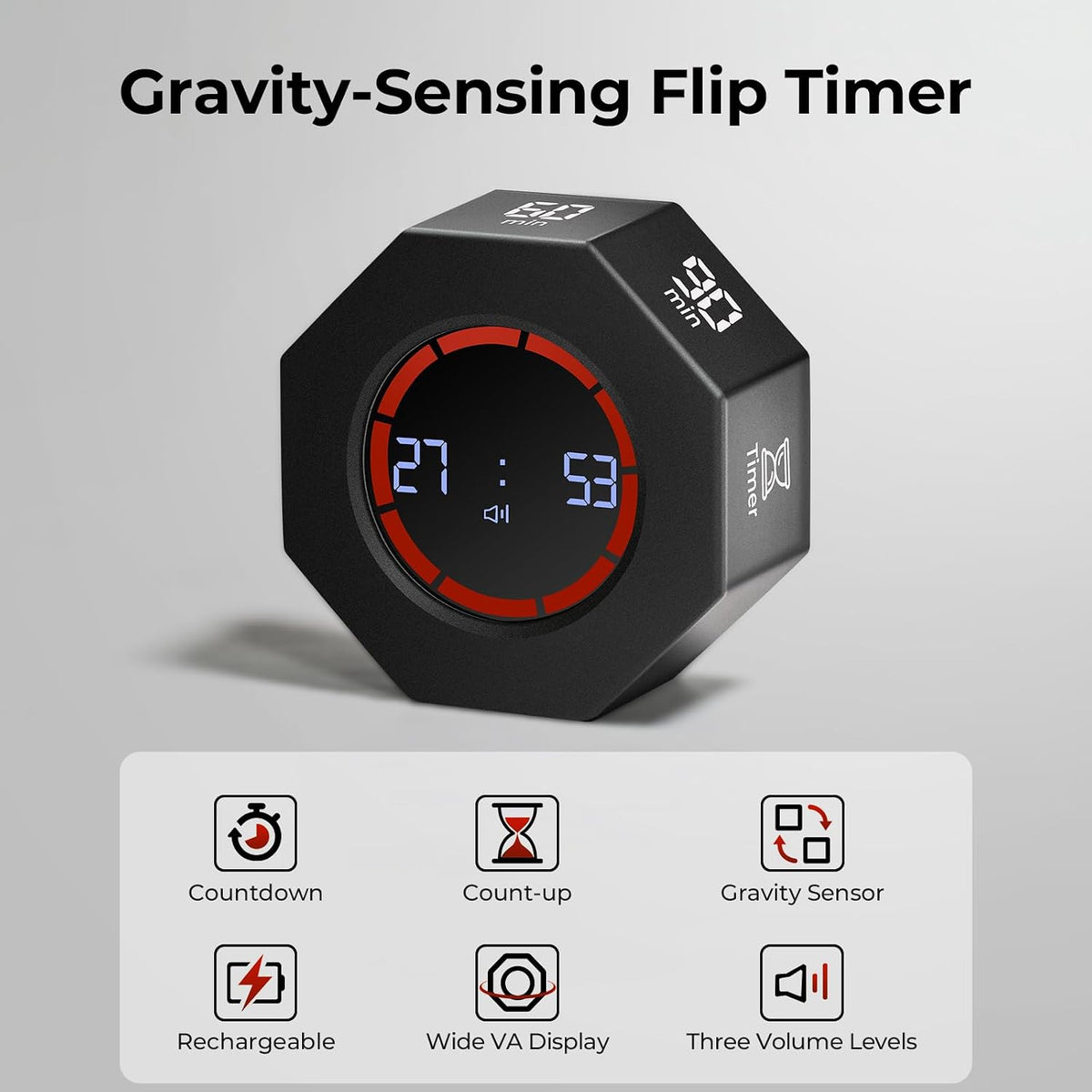 Rechargeable Pomodoro Timer, Small Gravity Timer (Pearl White)