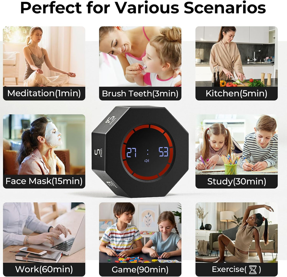 Rechargeable Pomodoro Timer, Small Gravity Timer (Pearl White)