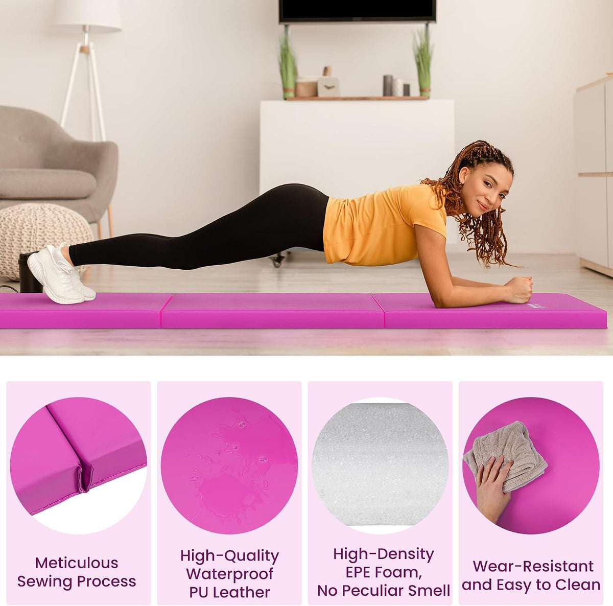 Folding Exercise Gymnastics Mat for Tumbling, 2'x6'x2" Gym Workout Mat with Carrying Handles High-Density Anti-Tear Portable Fitness Aerobics Mats for Home Gym Yoga Pilates MMA Core Training