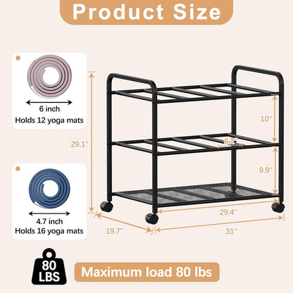 Lutown-Teen Yoga Mat Storage Rack with Wheels and Rounded Corners, Black