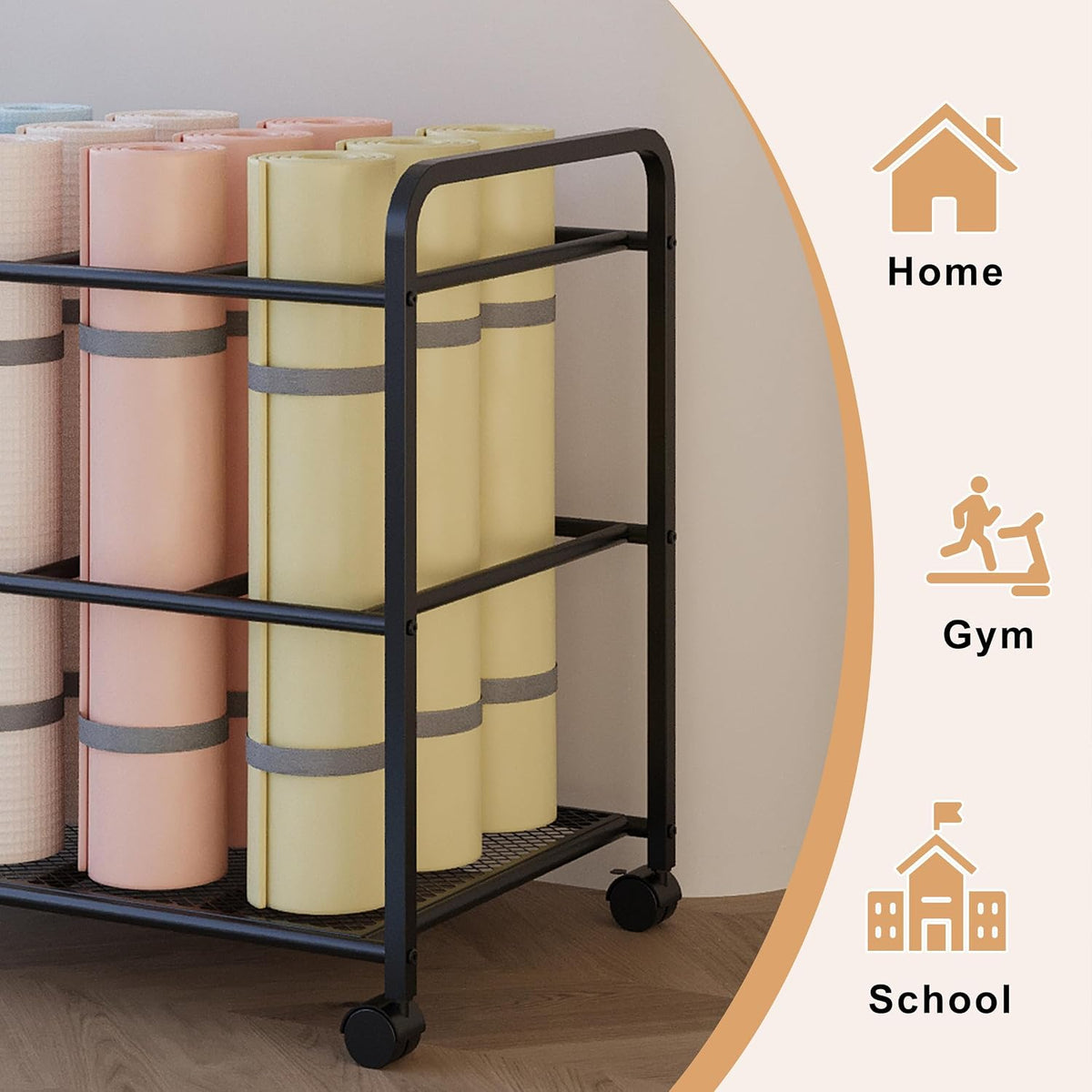 Lutown-Teen Yoga Mat Storage Rack with Wheels and Rounded Corners, Black