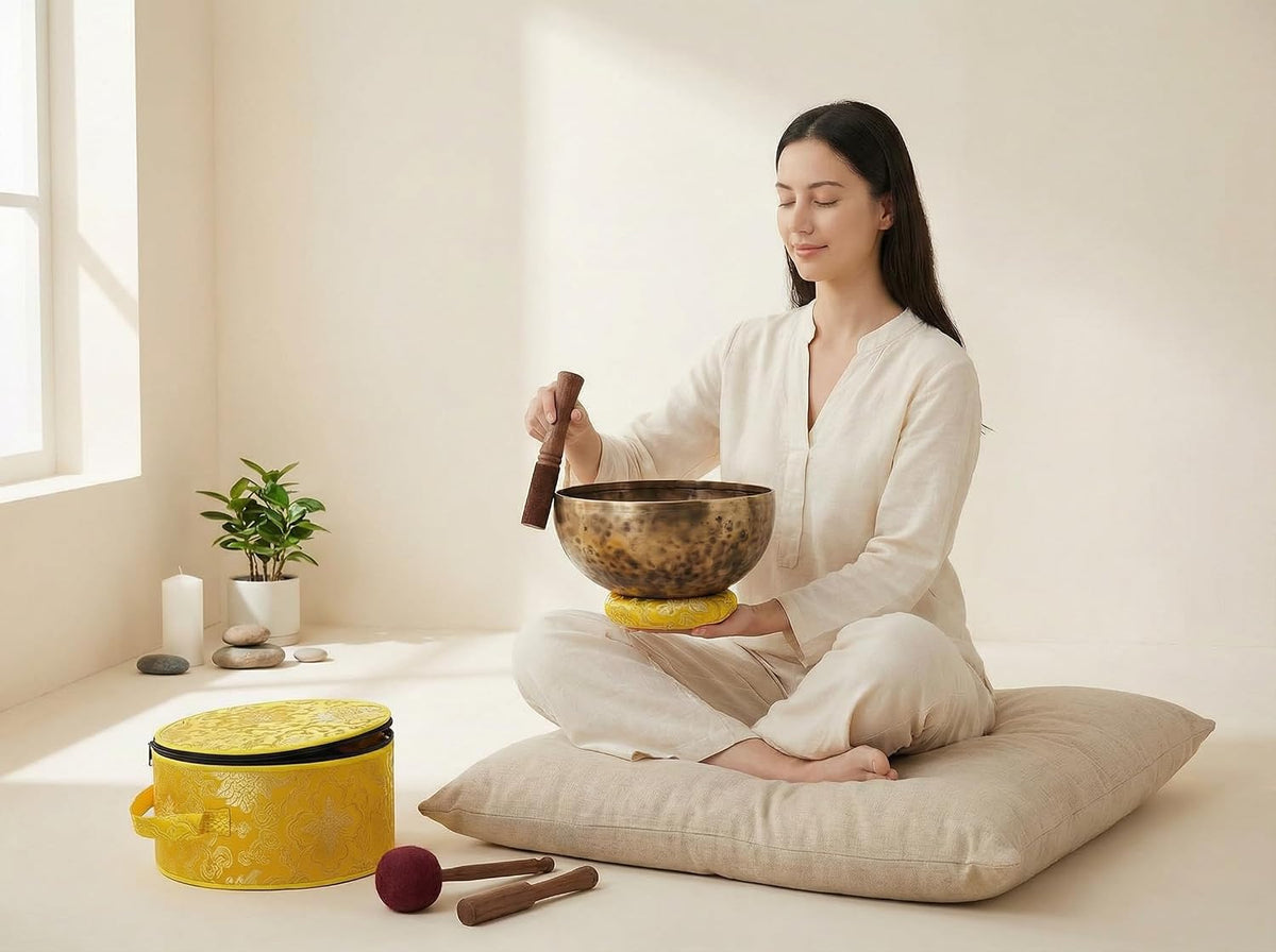 KHUSI Tibetan Singing Bowl, 9 Inch Hand-Hammered Meditation Sound Bowl with 2 Mallets, Silk Cushion & Carry Bag, Chakra Healing Yoga Gift